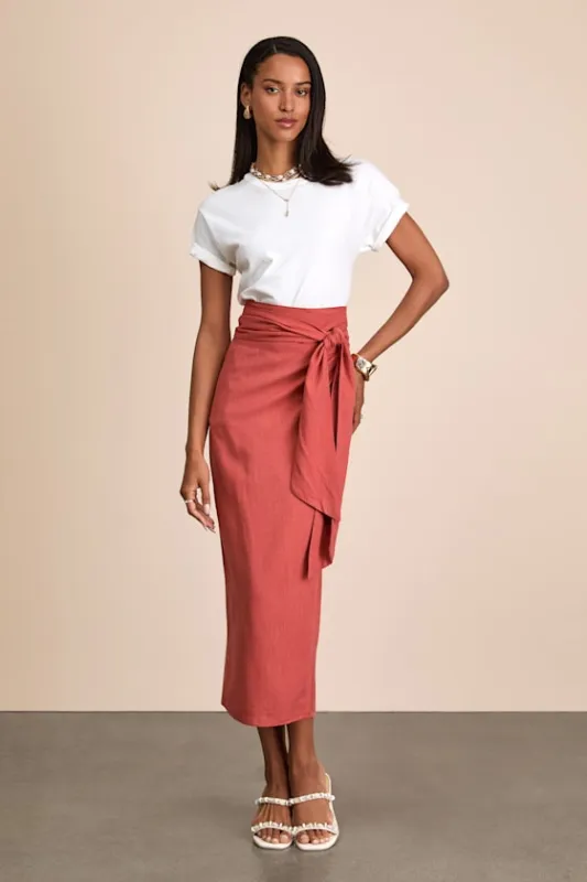 Breezy Personality Rust Red Linen Midi Wrap Skirt sold by Lulus