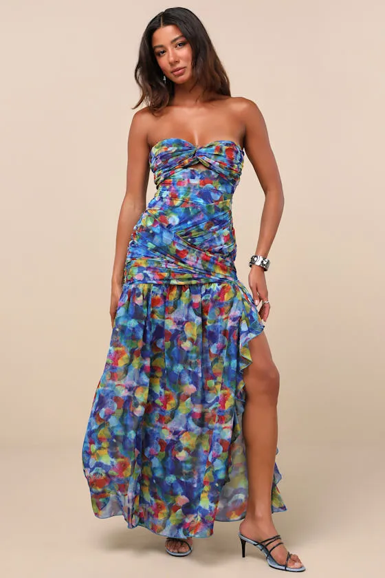 Jeniah Blue Multi Abstract Print Drop Waist Maxi Dress sold by Lulus