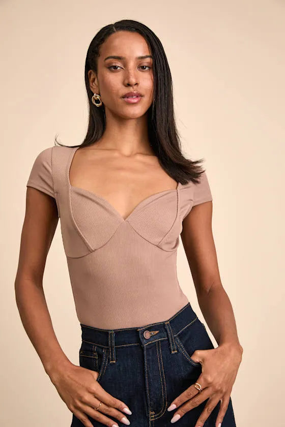 Jacqueline Taupe Ribbed Knit Short Sleeve Bodysuit sold by Lulus