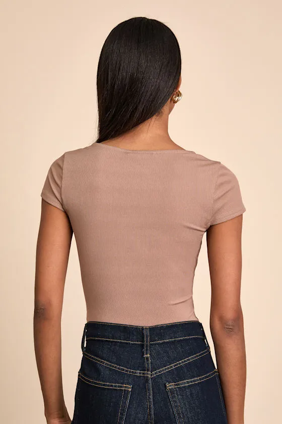 Jacqueline Taupe Ribbed Knit Short Sleeve Bodysuit sold by Lulus product image thumbnail 2