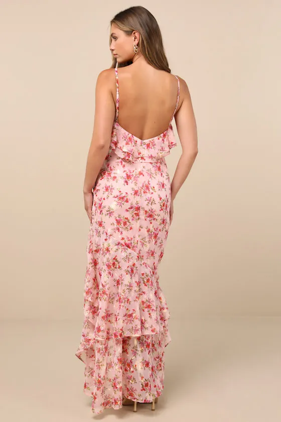 Tameron Pink Floral Ruffled High-Low Maxi Dress sold by Lulus product image thumbnail 3