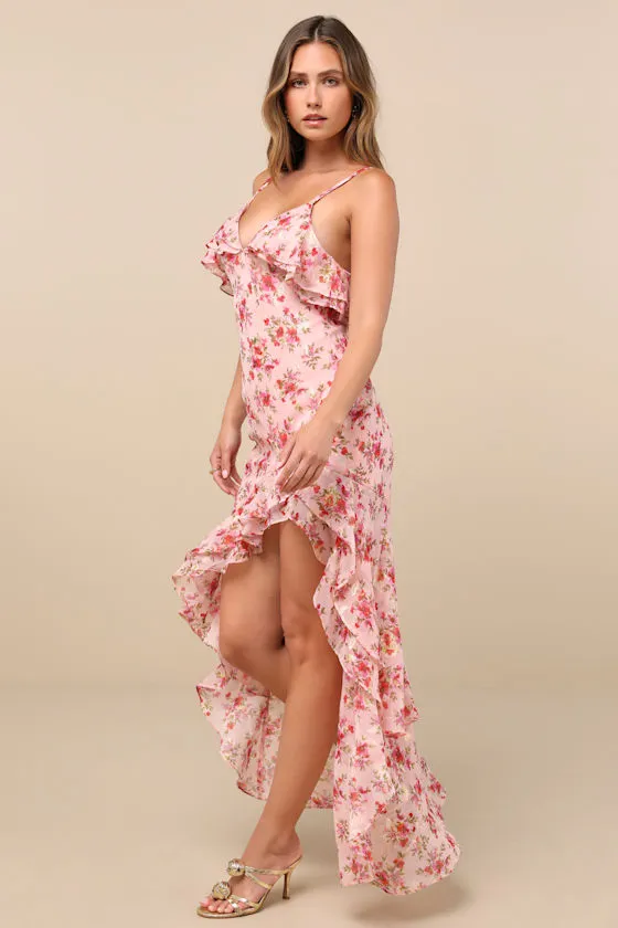 Tameron Pink Floral Ruffled High-Low Maxi Dress sold by Lulus product image thumbnail 4