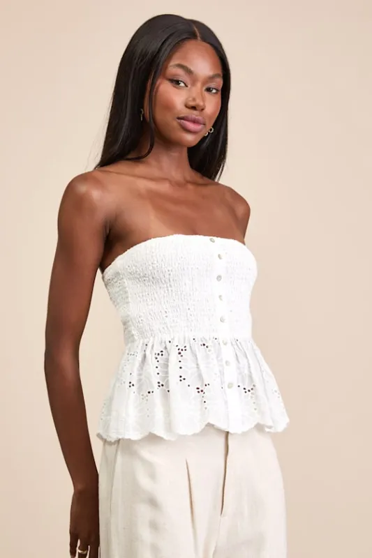 Ahura White Eyelet Embroidered Peplum Strapless Top sold by Lulus