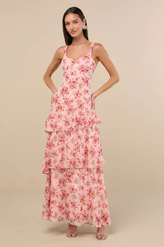 Laurette Pink Floral Tiered Sleeveless Maxi Dress sold by Lulus