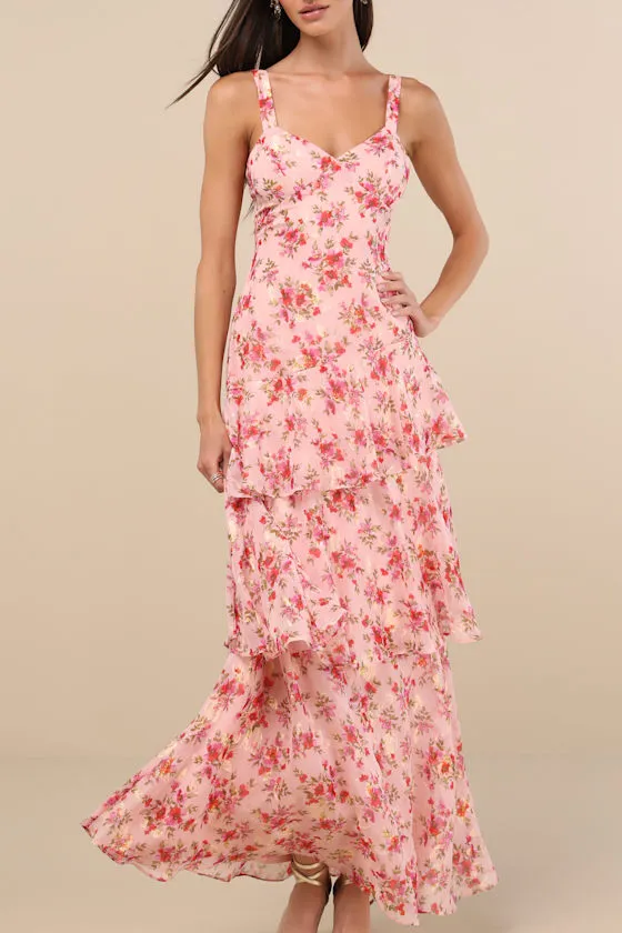 Laurette Pink Floral Tiered Sleeveless Maxi Dress sold by Lulus product image thumbnail 2