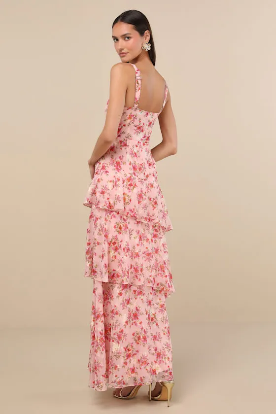 Laurette Pink Floral Tiered Sleeveless Maxi Dress sold by Lulus product image thumbnail 3