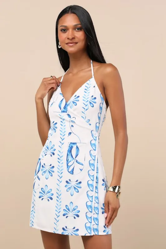 Prue Ivory and Blue Tile Print Halter Mini Dress sold by Lulus