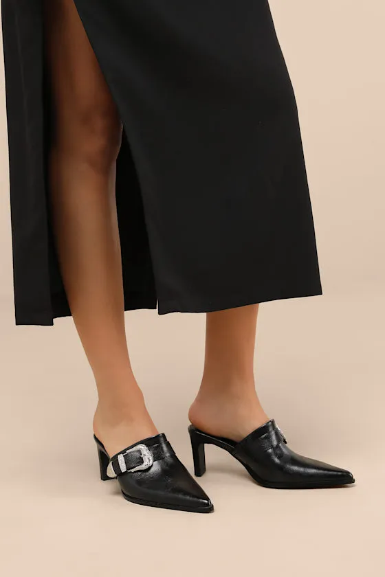 Isabetta Black Pointed-Toe Buckle Mules sold by Lulus