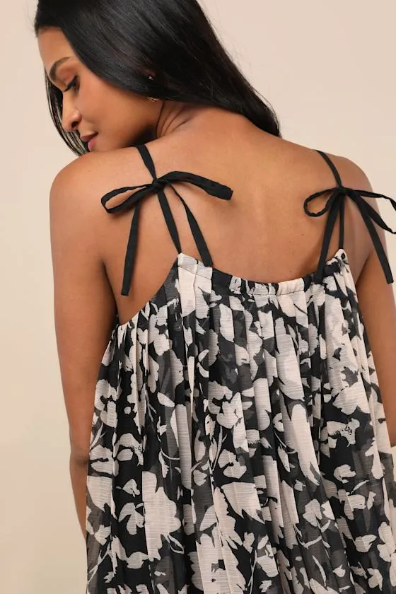 Fiorella Black Floral Pleated Shift Midi Dress sold by Lulus