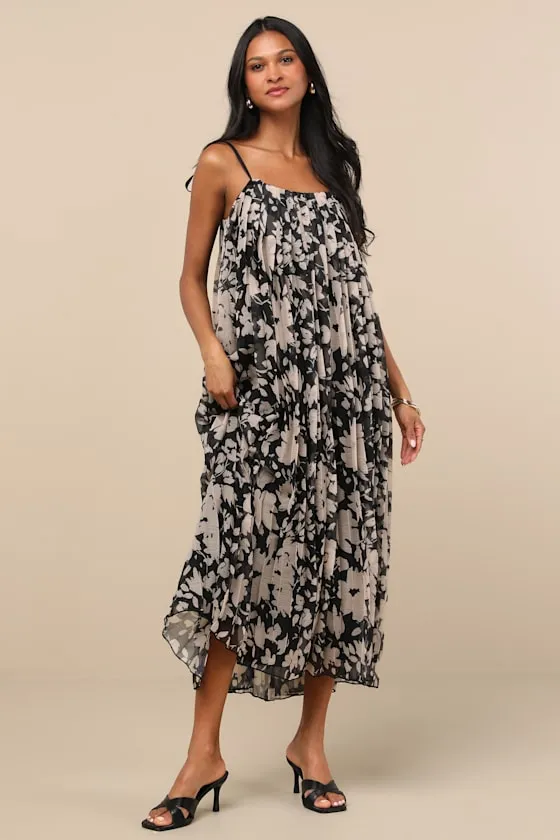 Fiorella Black Floral Pleated Shift Midi Dress sold by Lulus product image thumbnail 2
