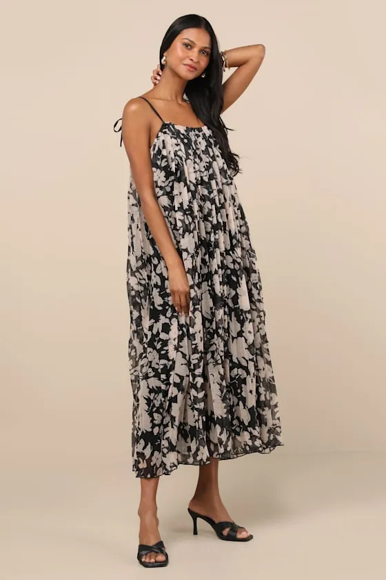 Fiorella Black Floral Pleated Shift Midi Dress sold by Lulus product image thumbnail 3
