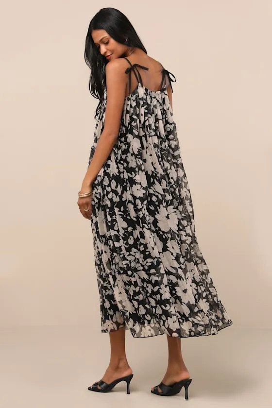 Fiorella Black Floral Pleated Shift Midi Dress sold by Lulus product image thumbnail 4