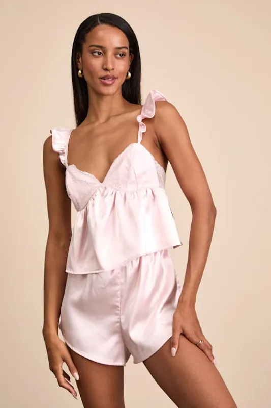 Keona Light Pink Satin Lace Ruffled Two-Piece Pajama Set sold by Lulus
