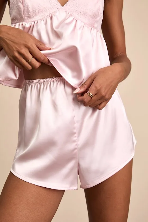 Keona Light Pink Satin Lace Ruffled Two-Piece Pajama Set sold by Lulus product image thumbnail 3