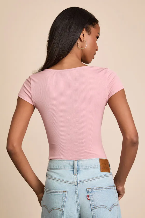 Jacqueline Light Pink Ribbed Knit Short Sleeve Bodysuit sold by Lulus product image thumbnail 2