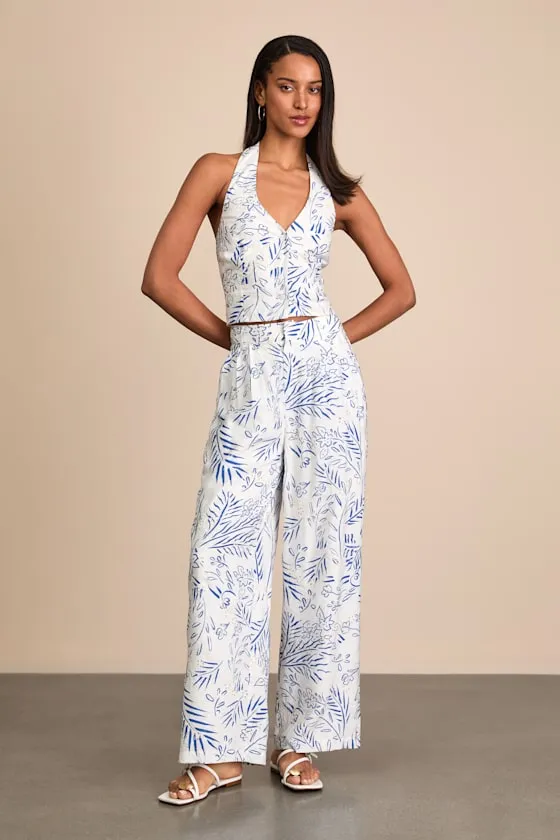 Amarae Ivory and Blue Floral Print Wide-Leg Trouser Pants sold by Lulus