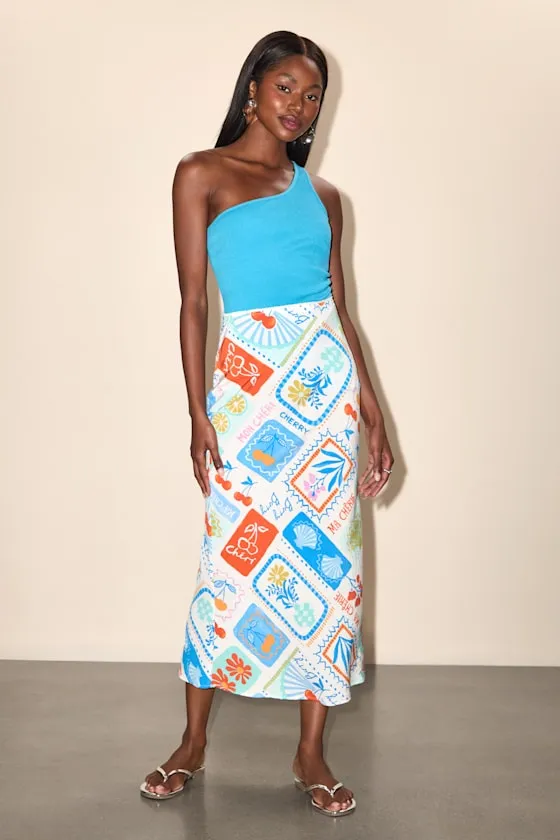 Iria White Multi Postcard Print Midi Skirt sold by Lulus product image thumbnail 4