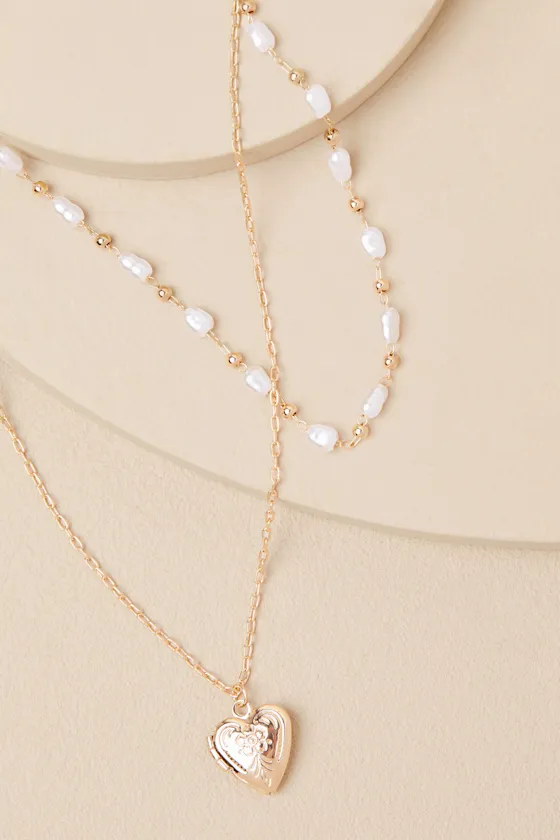 Ryah Gold Pearl Locket Layered Necklace sold by Lulus product image thumbnail 2