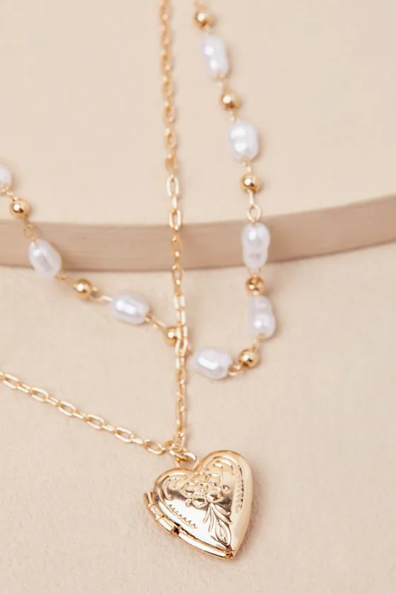 Ryah Gold Pearl Locket Layered Necklace sold by Lulus product image thumbnail 4