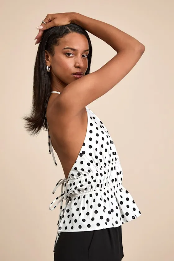Maylis White Polka Dot Tie-Back Halter Peplum Top sold by Lulus
