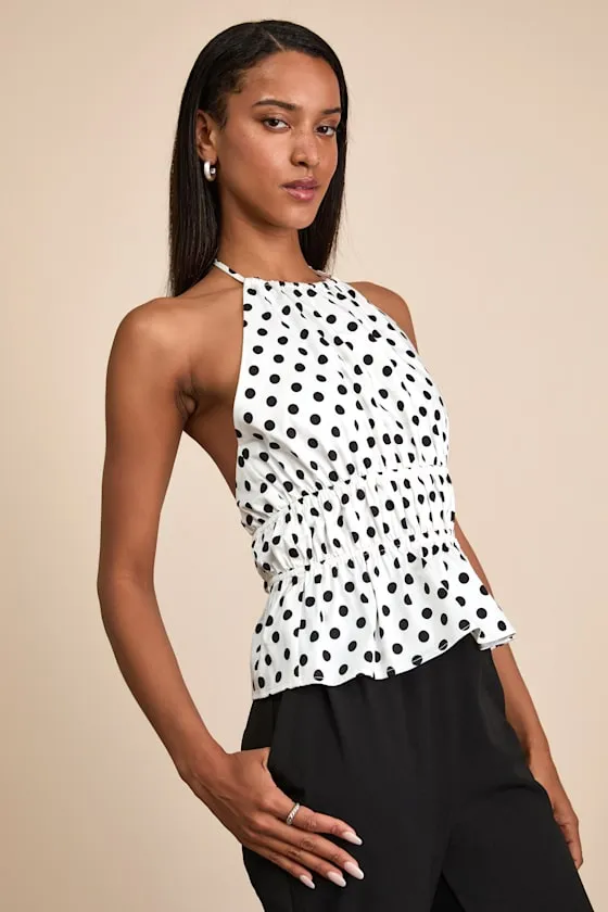 Maylis White Polka Dot Tie-Back Halter Peplum Top sold by Lulus product image thumbnail 2