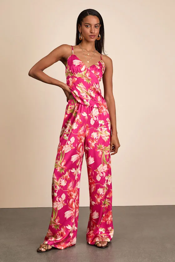 Zelimah Fuchsia Floral Satin Wide-Leg Pants sold by Lulus