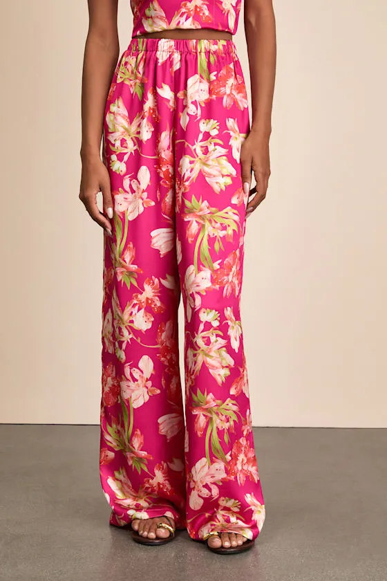 Zelimah Fuchsia Floral Satin Wide-Leg Pants sold by Lulus product image thumbnail 2