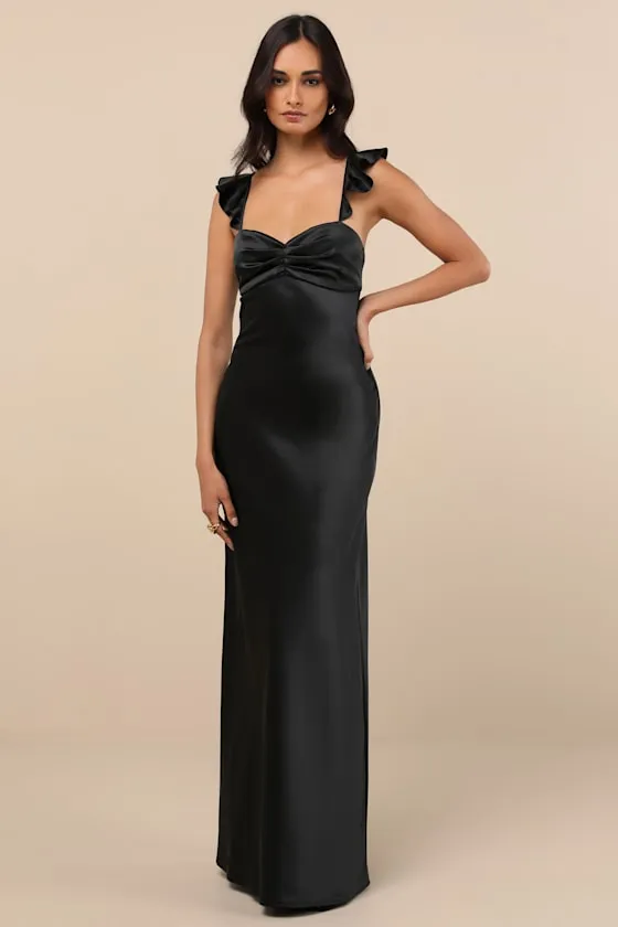 Exuberant Luxury Black Satin Ruffled Lace-Up Maxi Dress sold by Lulus