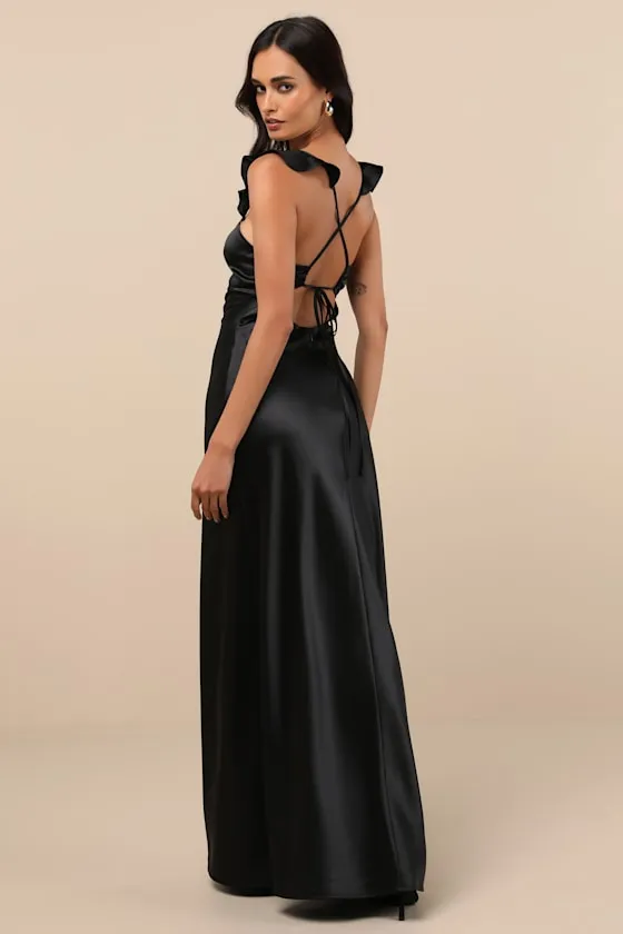 Exuberant Luxury Black Satin Ruffled Lace-Up Maxi Dress sold by Lulus product image thumbnail 3