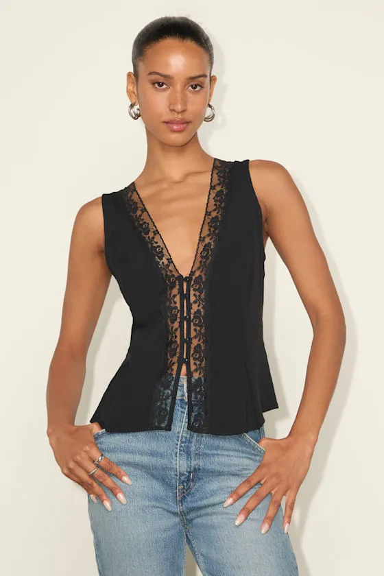 Mindy Black Lace Button-Front Tank Top sold by Lulus