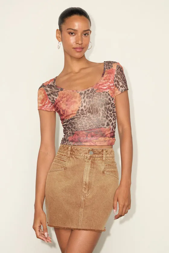 Adamina Brown Leopard and Floral Print Mesh Short Sleeve Top sold by Lulus product image thumbnail 2