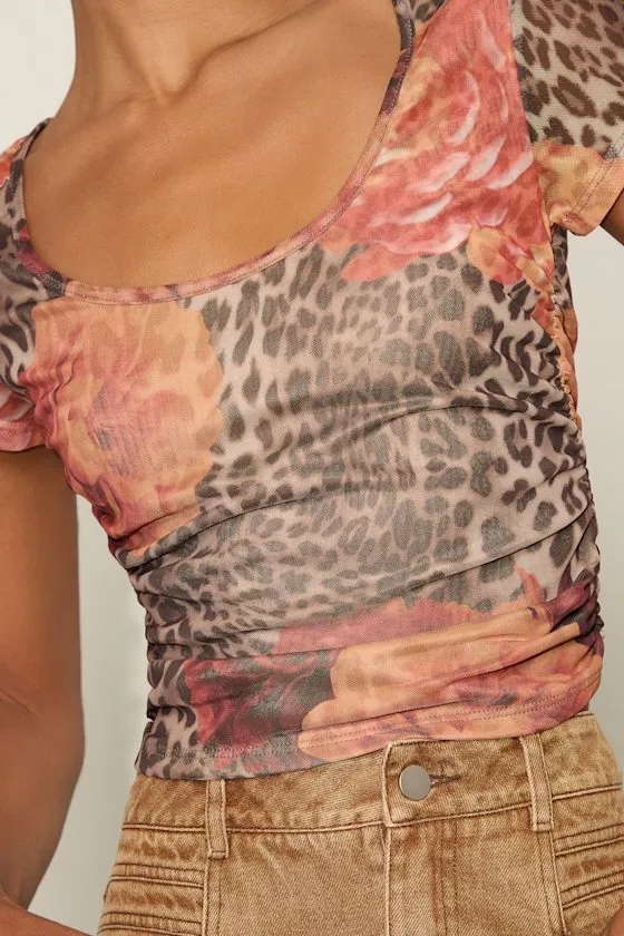 Adamina Brown Leopard and Floral Print Mesh Short Sleeve Top sold by Lulus product image thumbnail 4