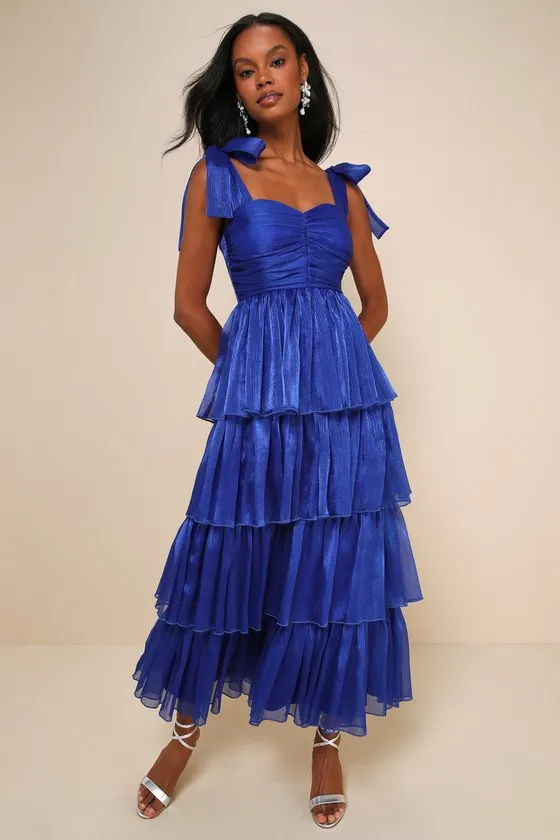 Radiant Arrival Shiny Blue Organza Tiered Tie-Strap Maxi Dress sold by Lulus