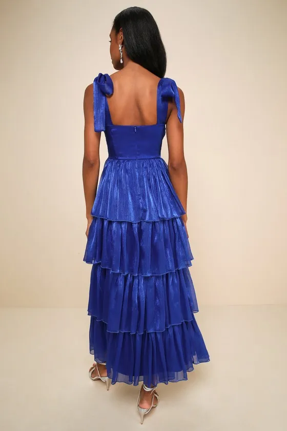 Radiant Arrival Shiny Blue Organza Tiered Tie-Strap Maxi Dress sold by Lulus product image thumbnail 2