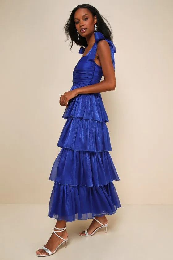 Radiant Arrival Shiny Blue Organza Tiered Tie-Strap Maxi Dress sold by Lulus product image thumbnail 4
