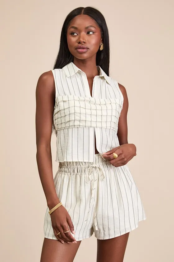 Clarette Light Beige Pleated Collared Sleeveless Top sold by Lulus