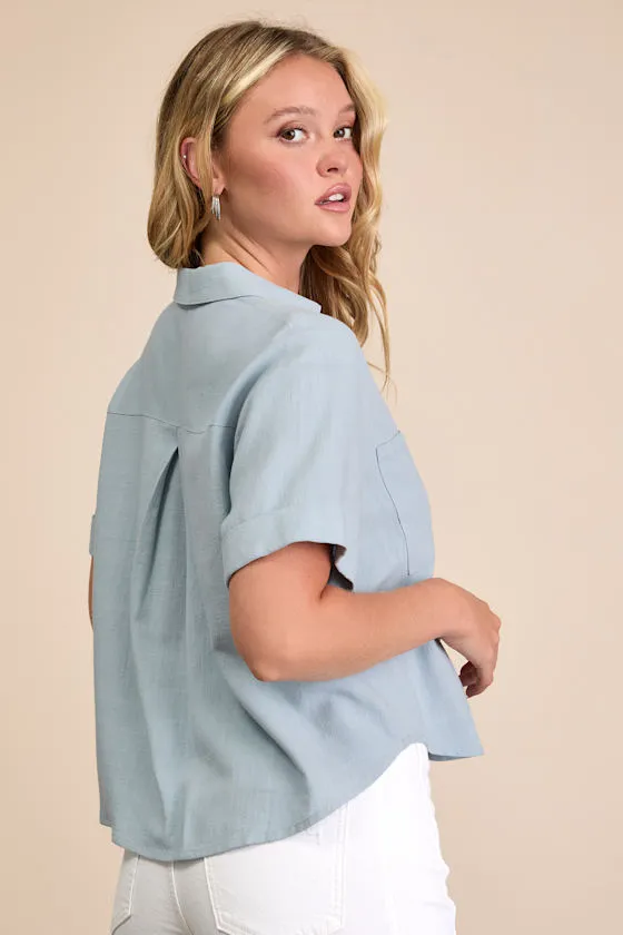 Summer Escapades Light Blue Linen Collared Button-Up Top sold by Lulus product image thumbnail 3