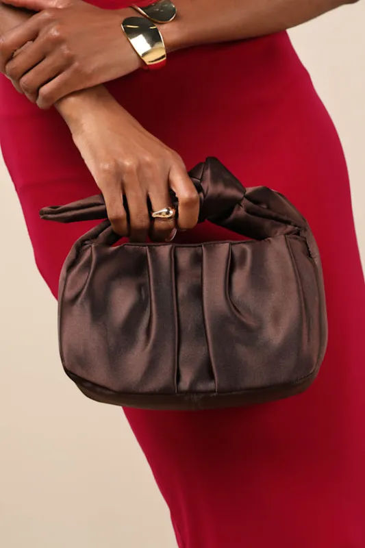 Essential Style Brown Satin Knot Handle Clutch Bag sold by Lulus