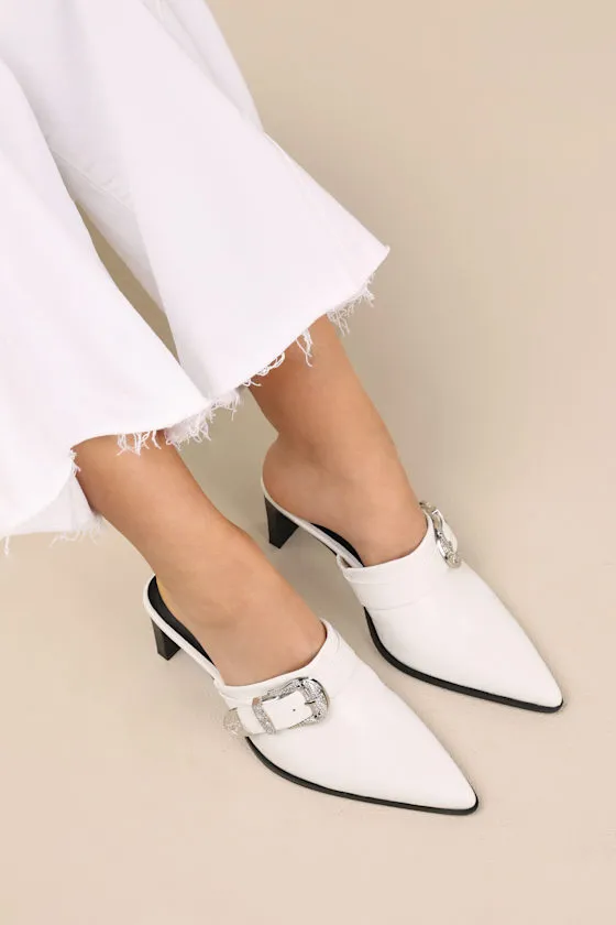 Isabetta White Pointed-Toe Buckle Mules sold by Lulus