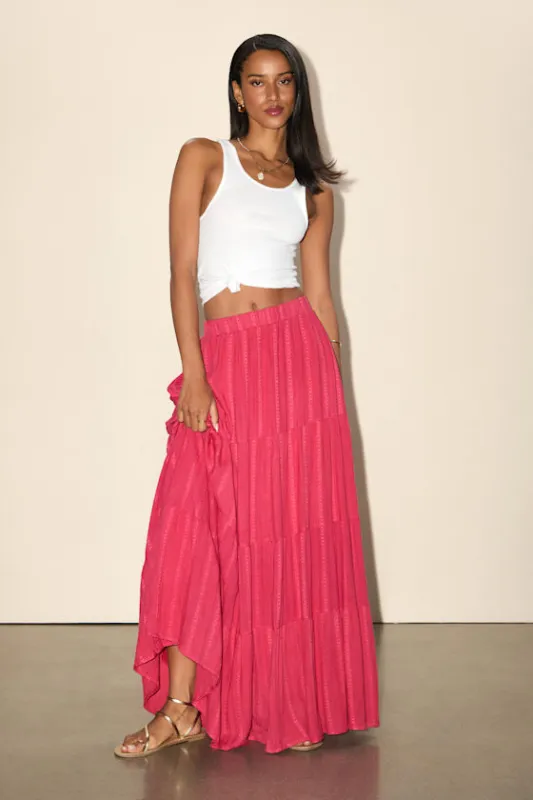 Sunset by the Sea Coral Red Embroidered Tiered Maxi Skirt sold by Lulus