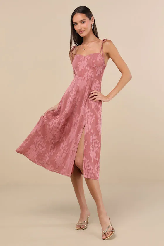 Loveliest Looks Dusty Rose Floral Jacquard Tie-Strap Midi Dress sold by Lulus