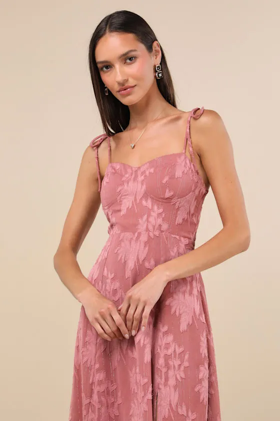 Loveliest Looks Dusty Rose Floral Jacquard Tie-Strap Midi Dress sold by Lulus product image thumbnail 2