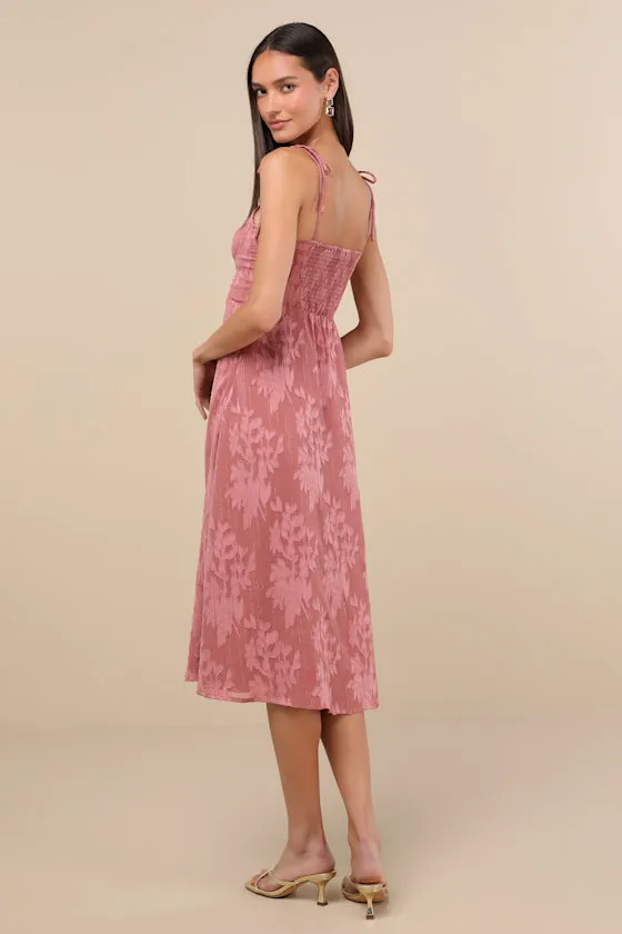 Loveliest Looks Dusty Rose Floral Jacquard Tie-Strap Midi Dress sold by Lulus product image thumbnail 4