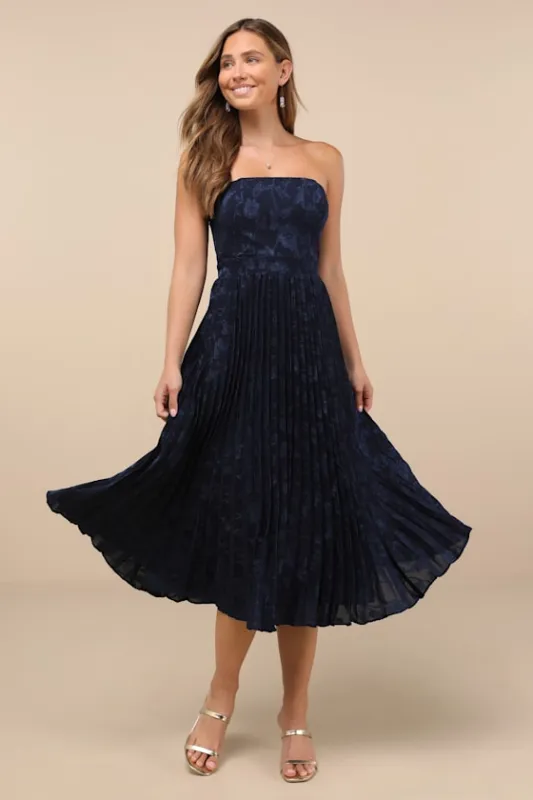 Perfectly Stunning Navy Jacquard Strapless Midi Dress sold by Lulus