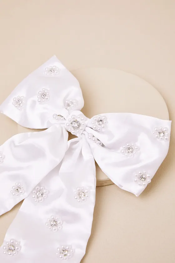 Cynthia White Satin Pearl Bow Hair Clip sold by Lulus product image thumbnail 2