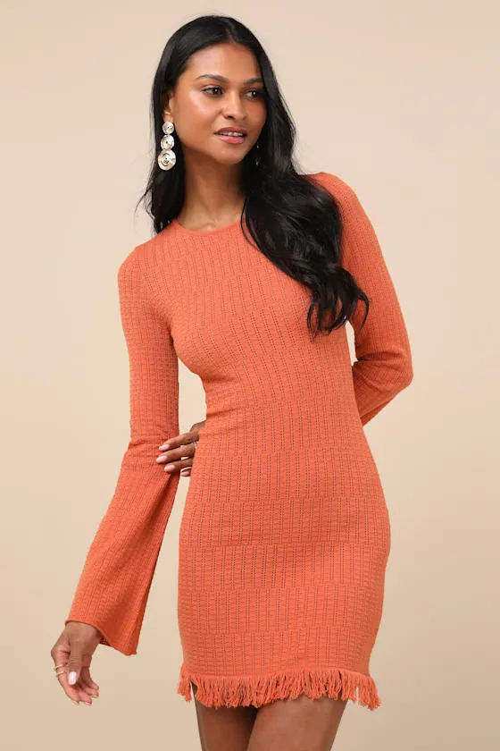 Sabi Orange Pointelle Knit Long Sleeve Mini Dress sold by Lulus