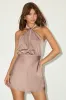 Sleek Essence Taupe Satin Halter Sleeveless Mini Dress sold by Lulus