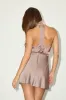 Sleek Essence Taupe Satin Halter Sleeveless Mini Dress sold by Lulus