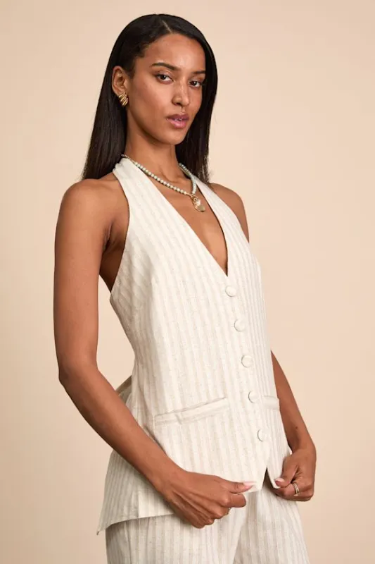 Layne Beige Stripe Halter Button-Front Vest Top sold by Lulus