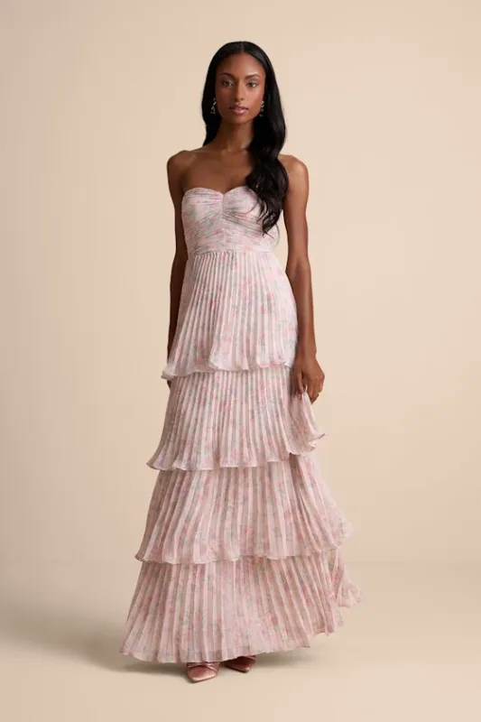 Seriously Sensational Blush Floral Strapless Tiered Maxi Dress sold by Lulus